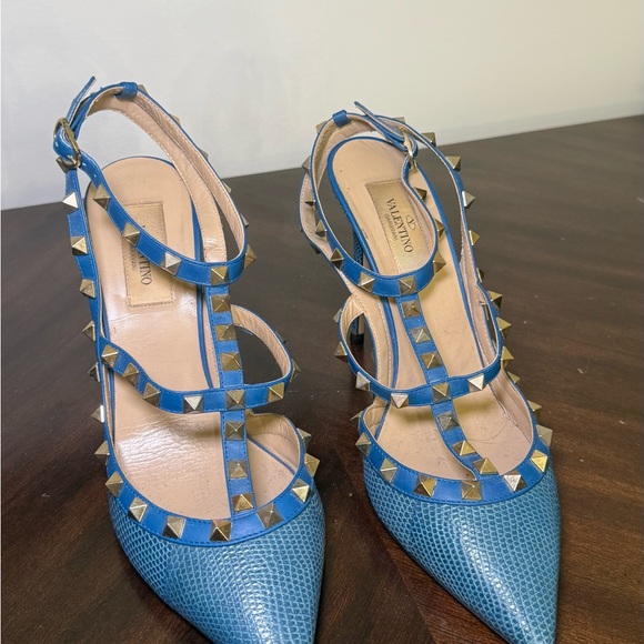 Valentino Blue and Gold Studded Heels - Picture 3 of 6